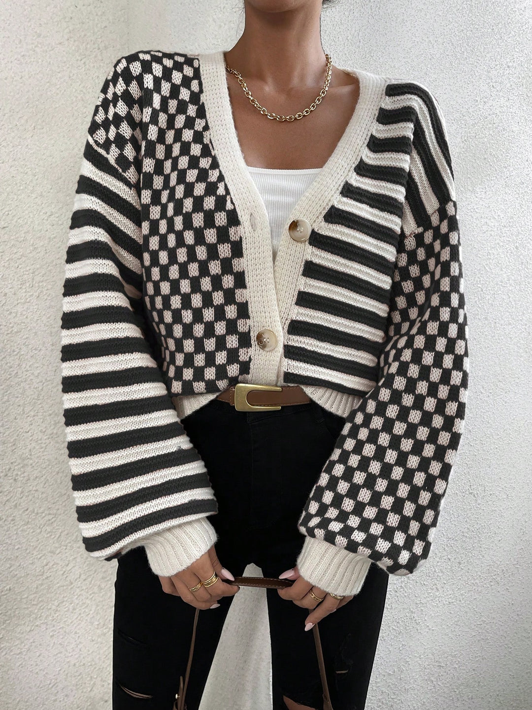 Contrast Striped & Checker Pattern Lantern Sleeve Drop Shoulder Cardigan