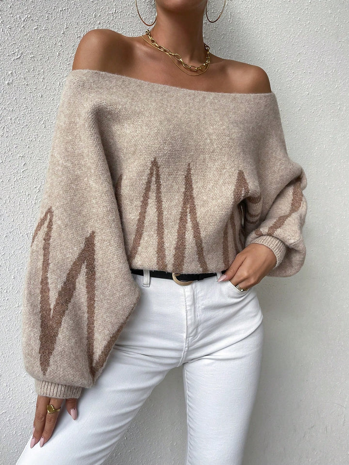 Chevron Pattern off Shoulder Lantern Sleeve Sweater