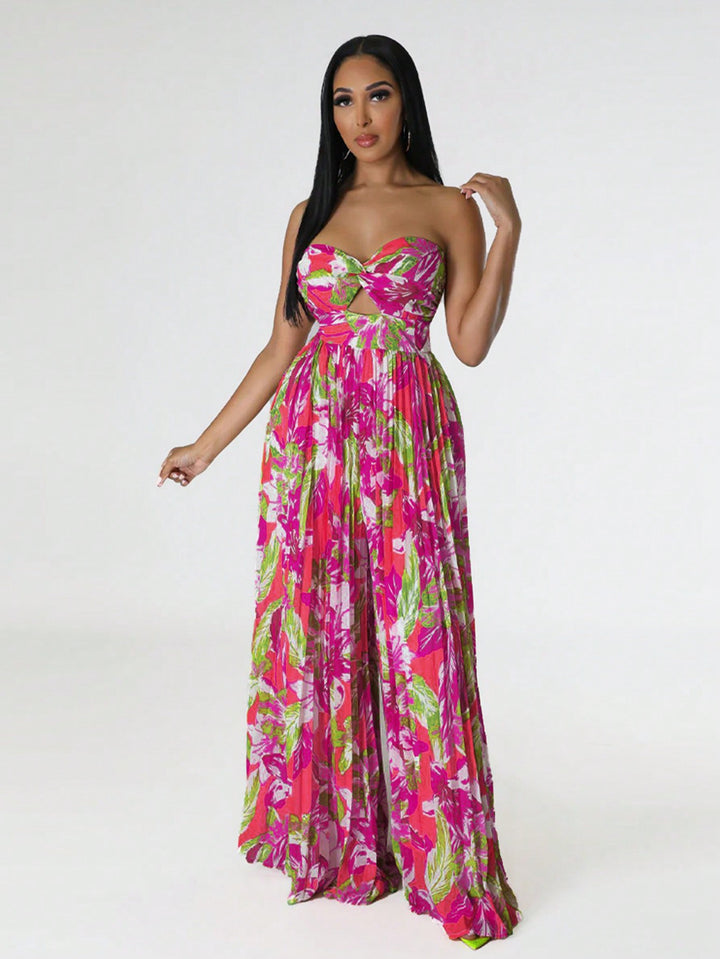 Sleeveless Wrapped Chest Floral Print Jumpsuit with High Waist and Pleated Pants for Summer