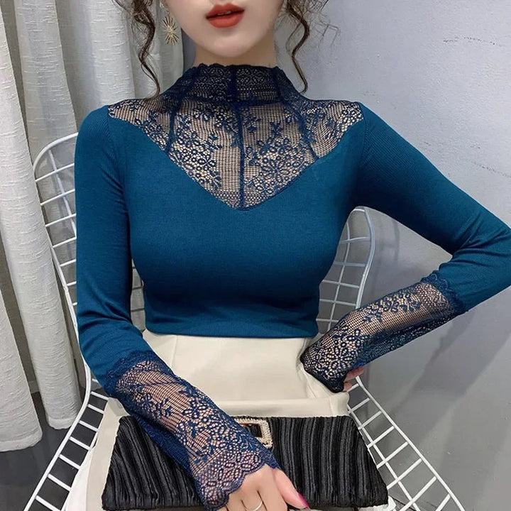 Women Elegant Lace Blouse Female Sexy Mesh Long Sleeve Shirt Tops plus Size Fashion Floral Embroidery Hollow Out Solid Blouses