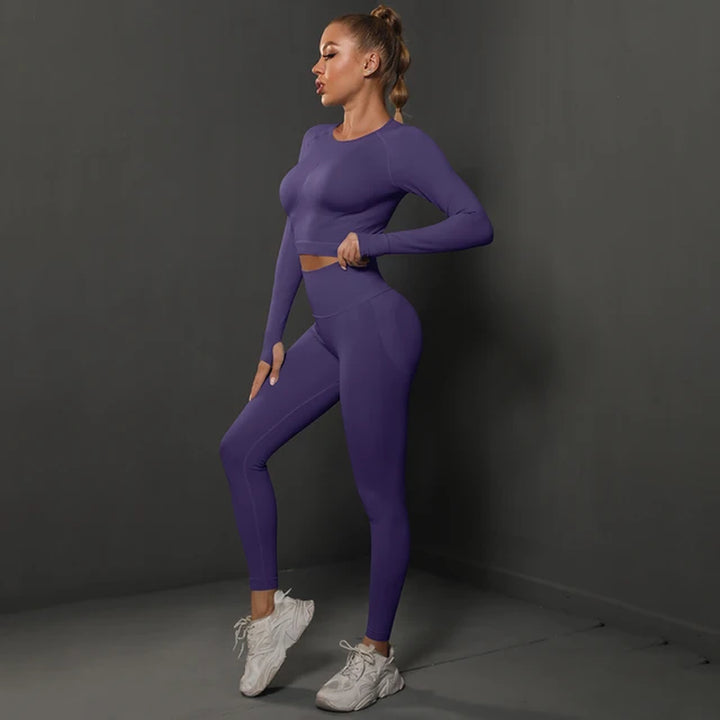 2Pcs Women Sets Energy Seamless Gym Suits Bubble Butt Sports Pants+Long Sleeve Shirts Push up Running Sets Tracksuits Tights Set