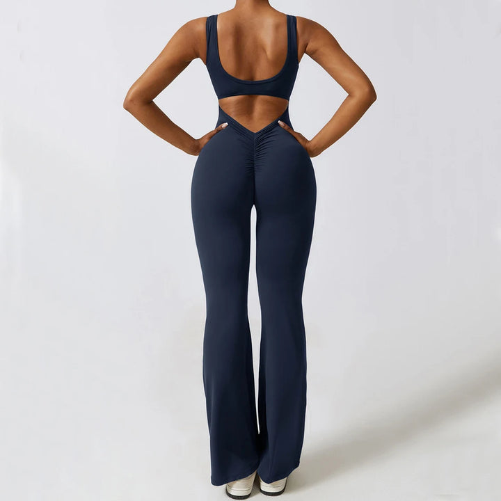 2024 S-XL Pad Women Gym Yoga Set Sports Rompers Deep V Back Fitness Workout Pant Flare Leggings One Piece Jumpsuit Active Wear