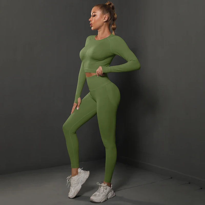 2Pcs Women Sets Energy Seamless Gym Suits Bubble Butt Sports Pants+Long Sleeve Shirts Push up Running Sets Tracksuits Tights Set