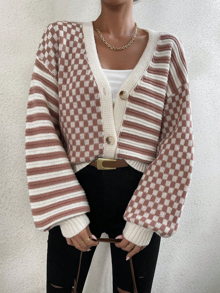 Contrast Striped & Checker Pattern Lantern Sleeve Drop Shoulder Cardigan