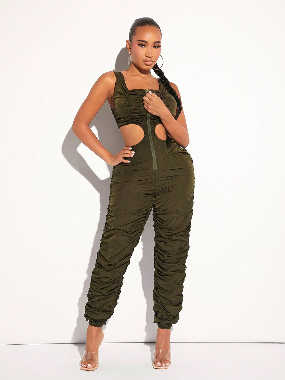 Cut Out Waist Ruched Side Tank Jumpsuit