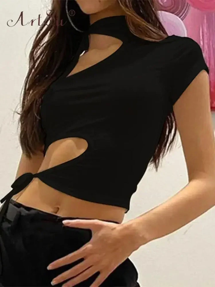 Black T Shirt Hollow Out Top Sexy Short Sleeve Lace up Solid Choker Halter Summer Crop Top One Shoulder Tops Women Tee Shirt