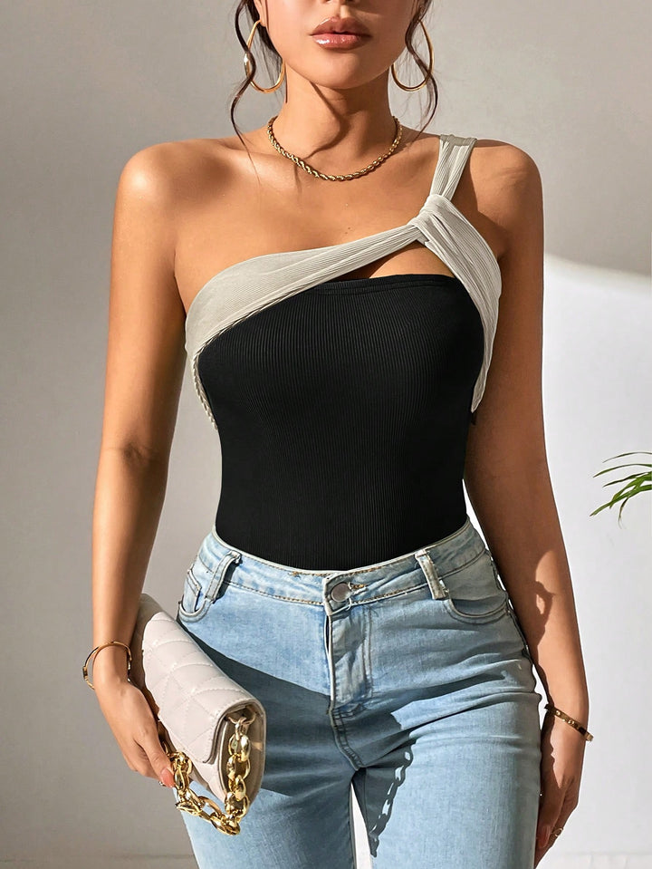 Two Tone One Shoulder Cut Out Bodysuit