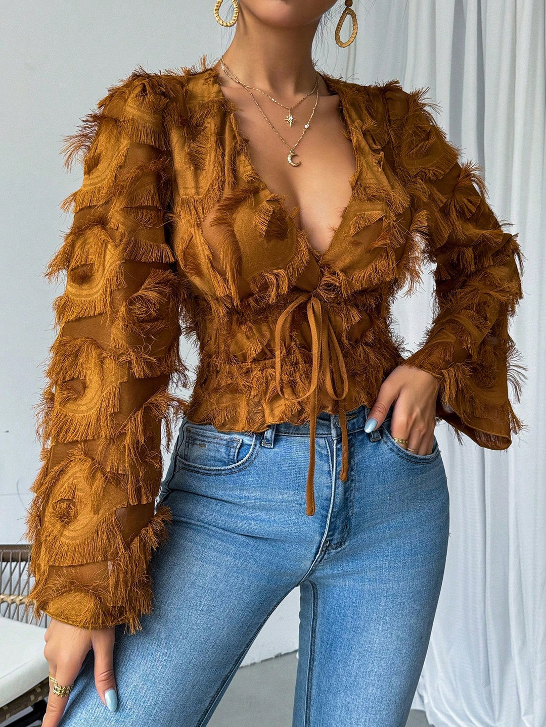 Fringed Flare Sleeve Tie Front Shirt