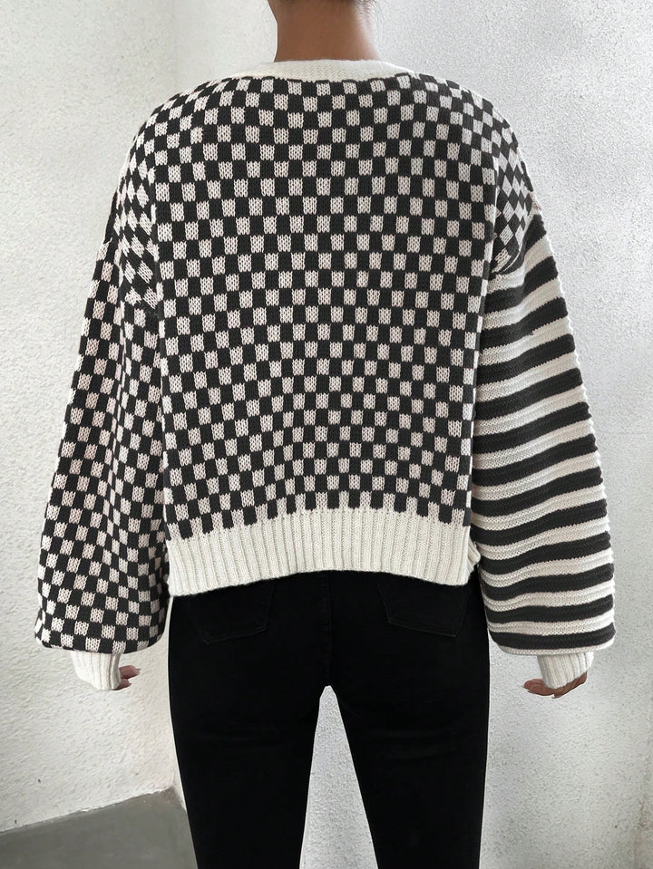 Contrast Striped & Checker Pattern Lantern Sleeve Drop Shoulder Cardigan