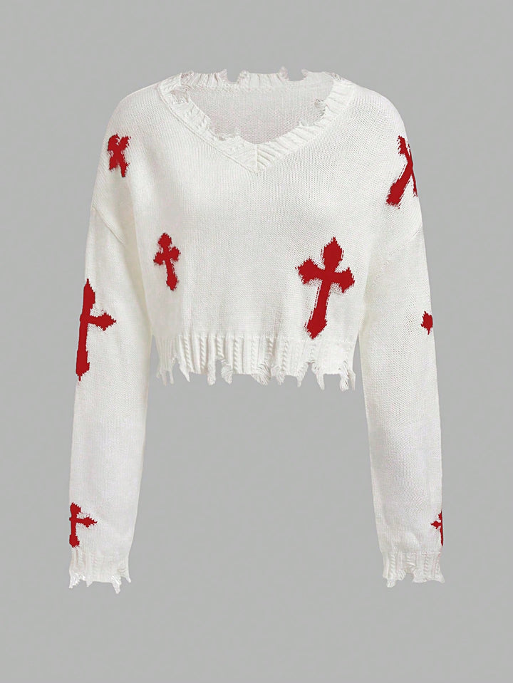 Cross Pattern Distressed Drop Shoulder Sweater 