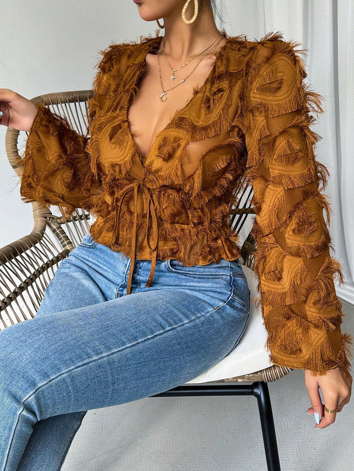 Fringed Flare Sleeve Tie Front Shirt