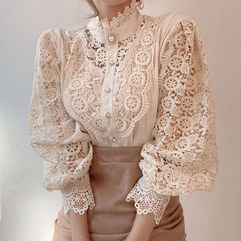 New Vintage White Lace Blouse Shirts Women 2023 Korean Button Loose Shirt Tops Female Hollow Casual Ladies Blouses Blusas 12419