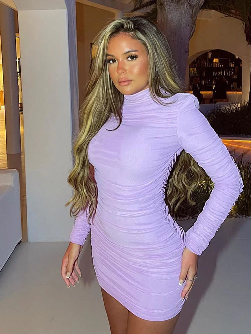 Turtleneck Long Sleeve Ruched Mini Dress Women 2023 Autumn Winter New Two Layer Mesh Bodycon Sexy Dress Femme Vestidos