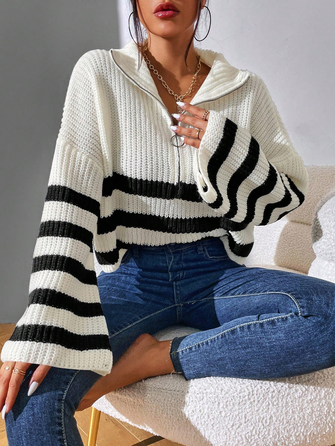 Striped Pattern Half Zip Drop Shoulder Sweater