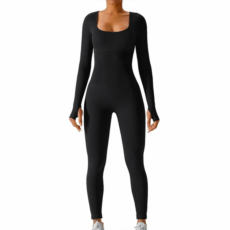 Women Ribbed Yoga Jumpsuits Workout Ribbed Long Sleeve Sport One Piece Tummy Control Seamless Fitness Sportwear