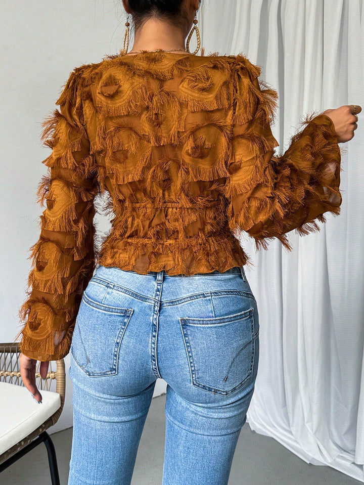 Fringed Flare Sleeve Tie Front Shirt