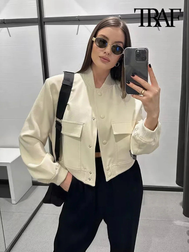 Women Fashion with Pockets Bomber Jacket Coats Vintage Long Sleeve Front Button Casual Female Outerwear Chic Tops