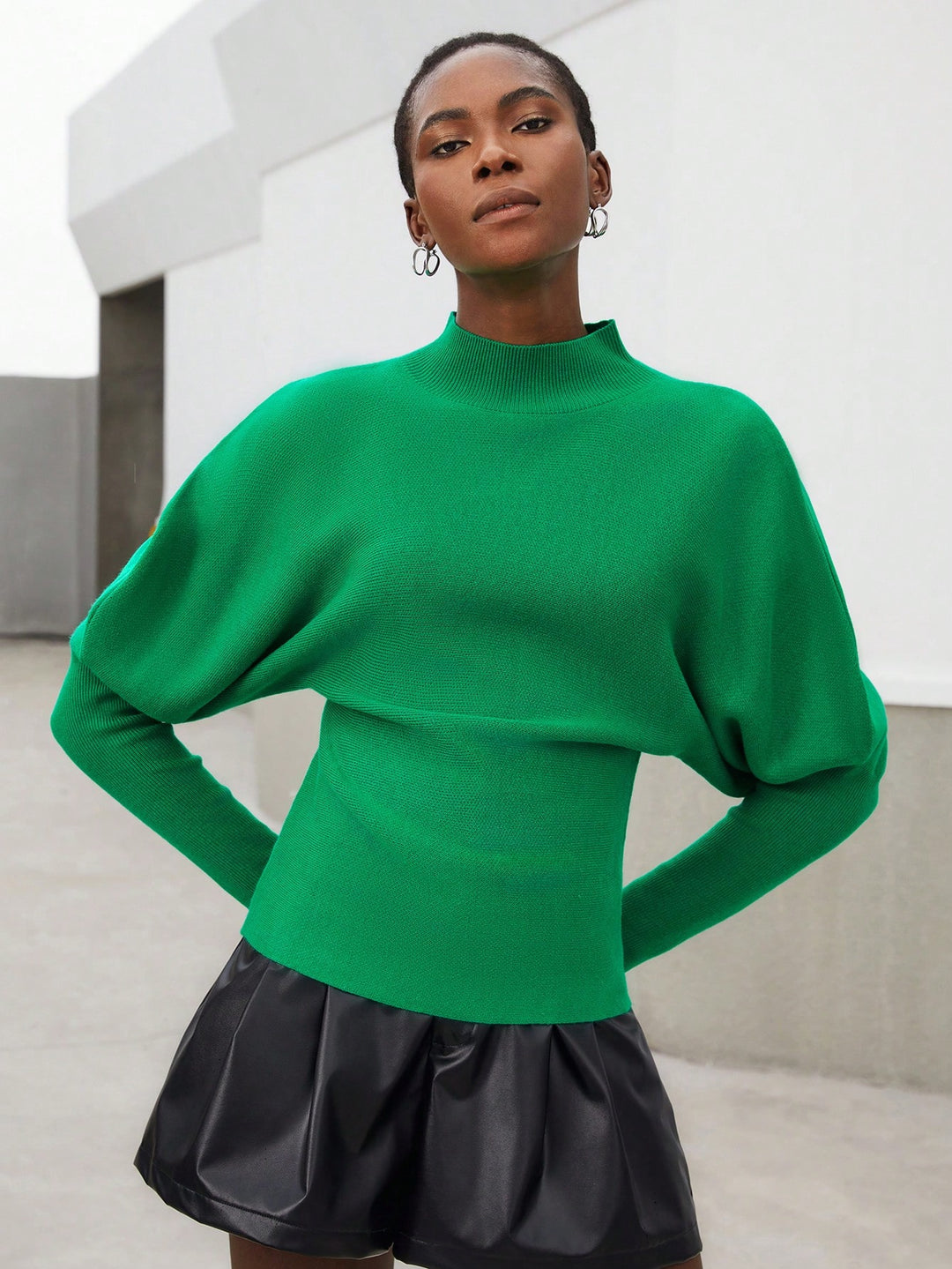 Solid Color Green Turtleneck Batwing Sleeve Women'S Sweater