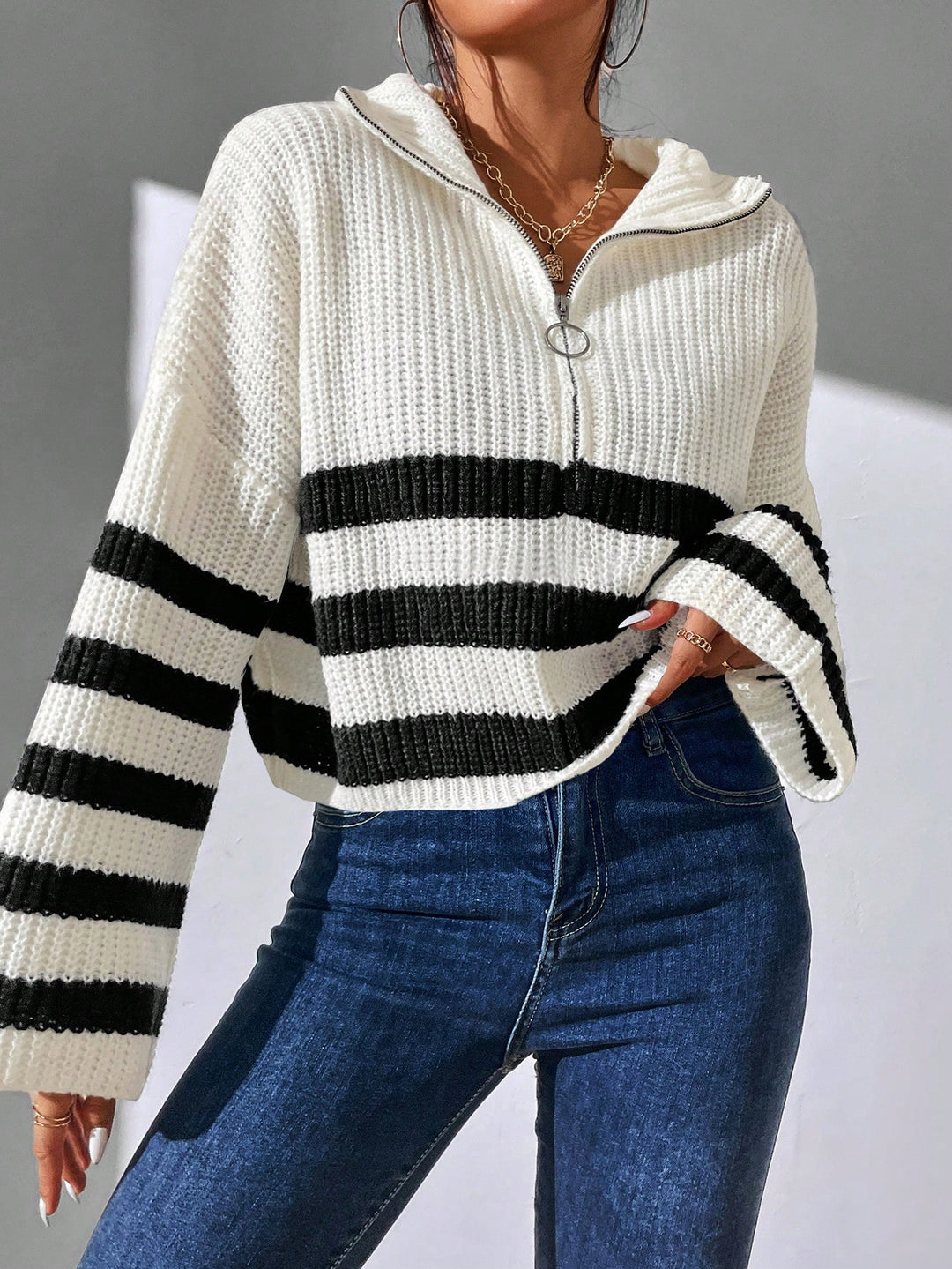 Striped Pattern Half Zip Drop Shoulder Sweater