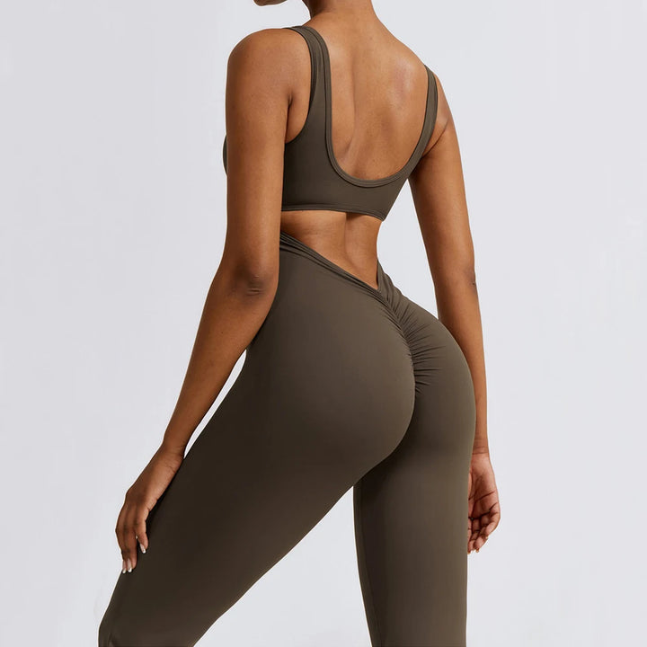 2024 S-XL Pad Women Gym Yoga Set Sports Rompers Deep V Back Fitness Workout Pant Flare Leggings One Piece Jumpsuit Active Wear