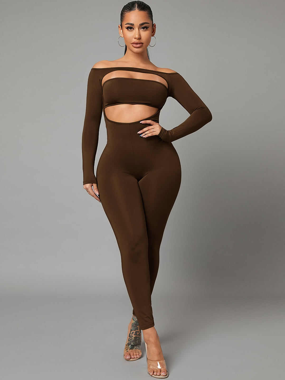 Off Shoulder Cut Out Front Unitard Romper