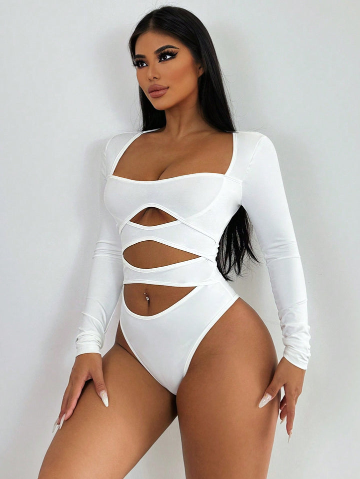 Solid Color Hollow Out Bodysuit