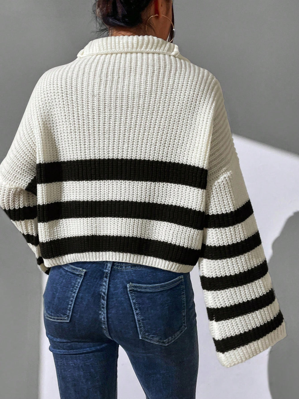 Striped Pattern Half Zip Drop Shoulder Sweater