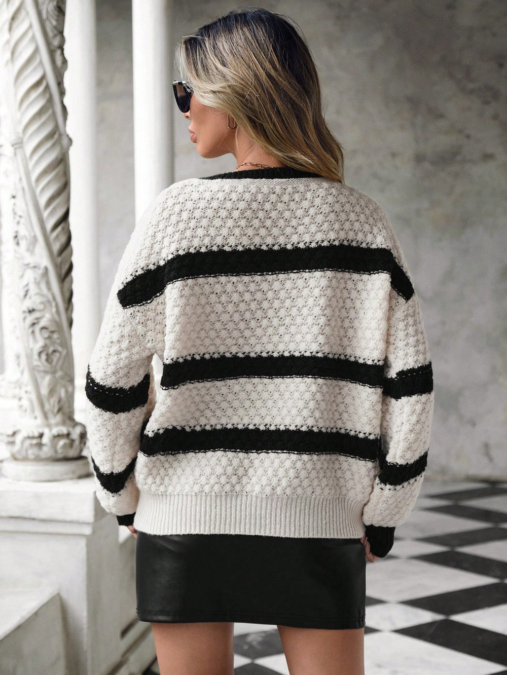 Frenchy Striped Pattern Drop Shoulder Cut Out Drop Shoulder Sweater