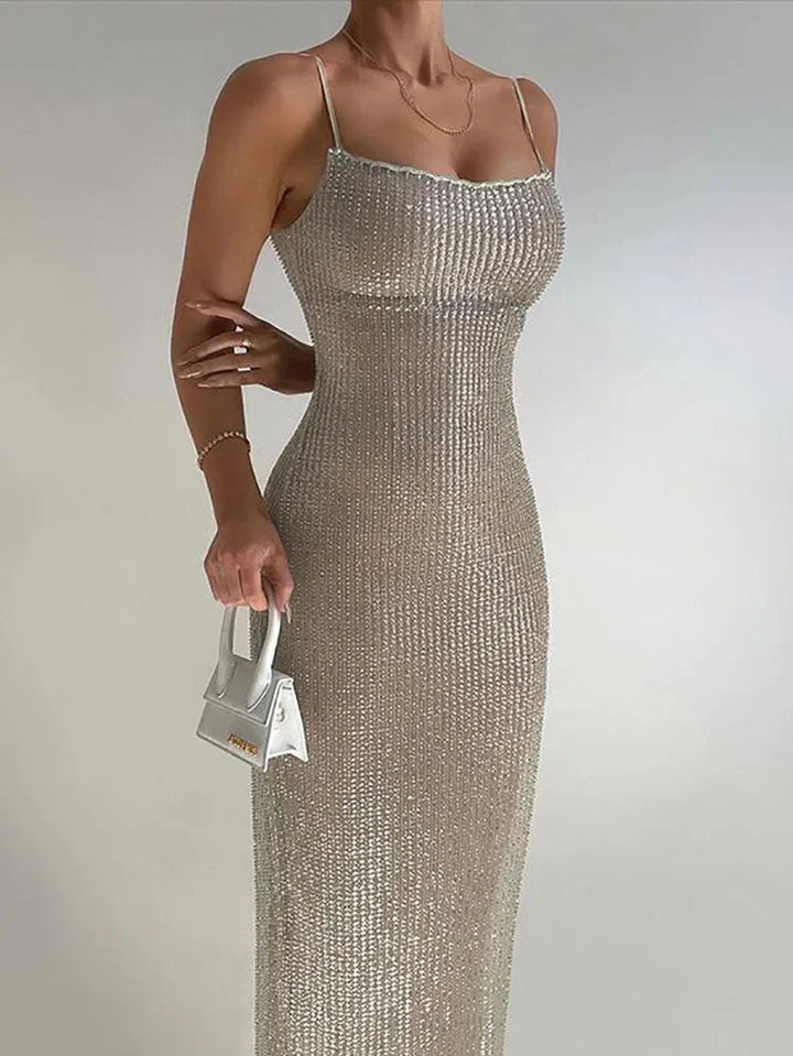 YUZHEXI Elegant Sequins Glitter Midi Robe Women Spaghetti Straps Split Bodycon Party Double Layers Silver Dress Blingbling