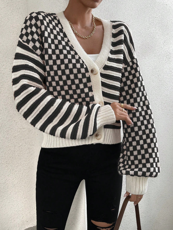 Contrast Striped & Checker Pattern Lantern Sleeve Drop Shoulder Cardigan