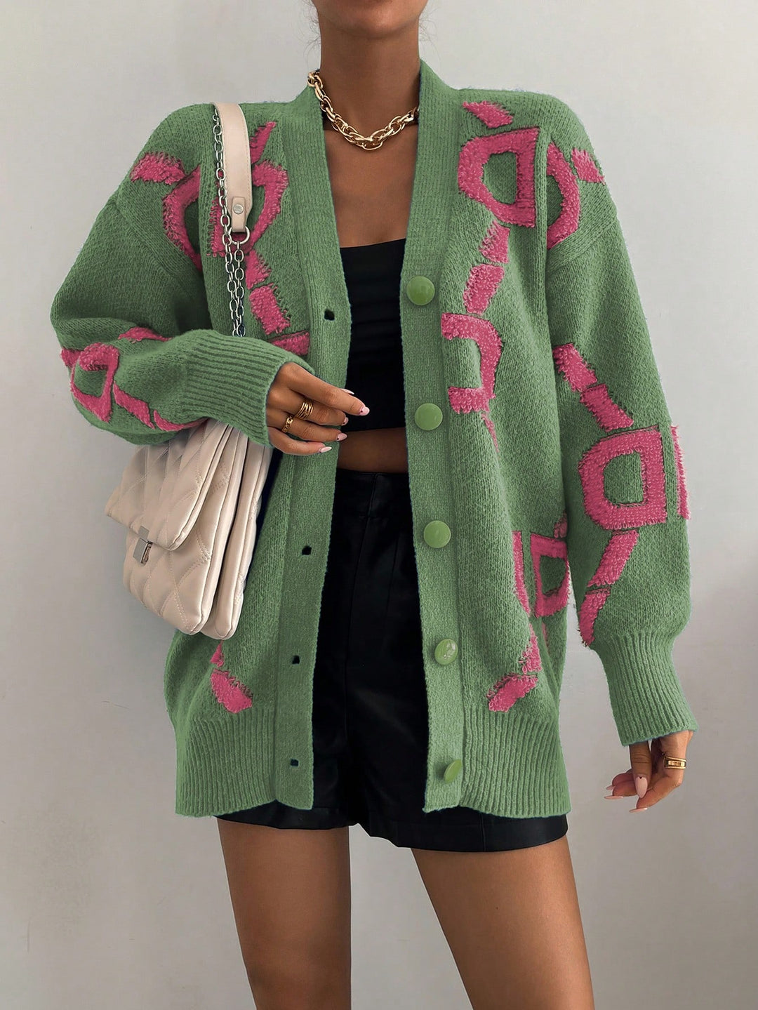  Letter Pattern Drop Shoulder Cardigan