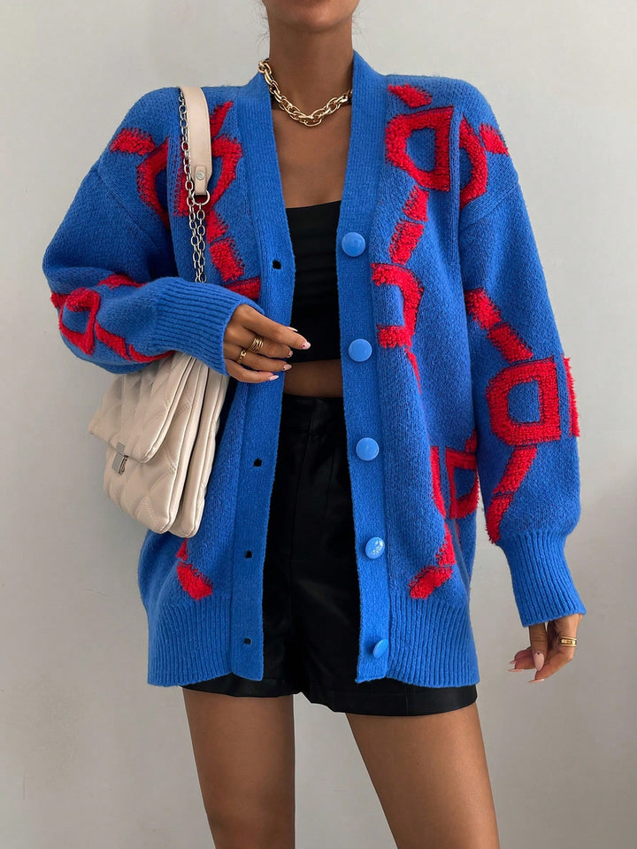  Letter Pattern Drop Shoulder Cardigan