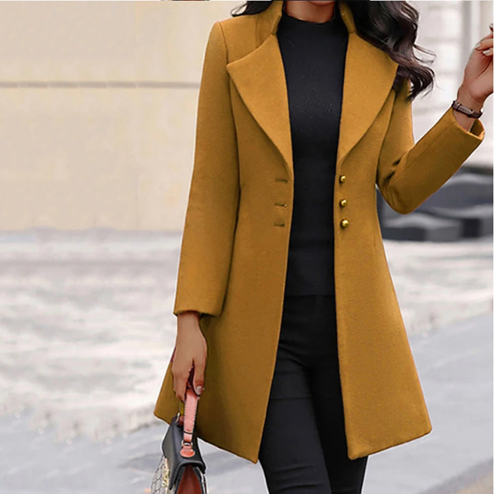 Winter New Slim Fit Woolen Coat Ladies Solid Color Long Jacket Casual Fashion Button Long Sleeve Stand-Up Mid-Length Woolen Coat