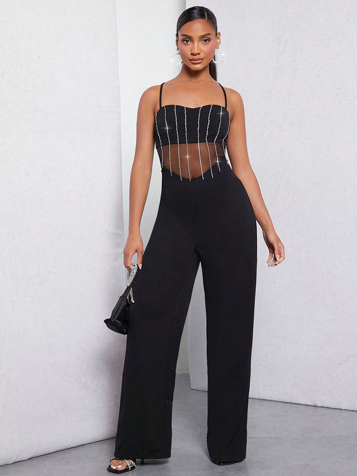 Rhinestone Fringe Mesh Insert Jumpsuit