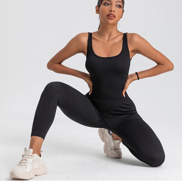 Women Ribbed Yoga Jumpsuits Workout Ribbed Long Sleeve Sport One Piece Tummy Control Seamless Fitness Sportwear