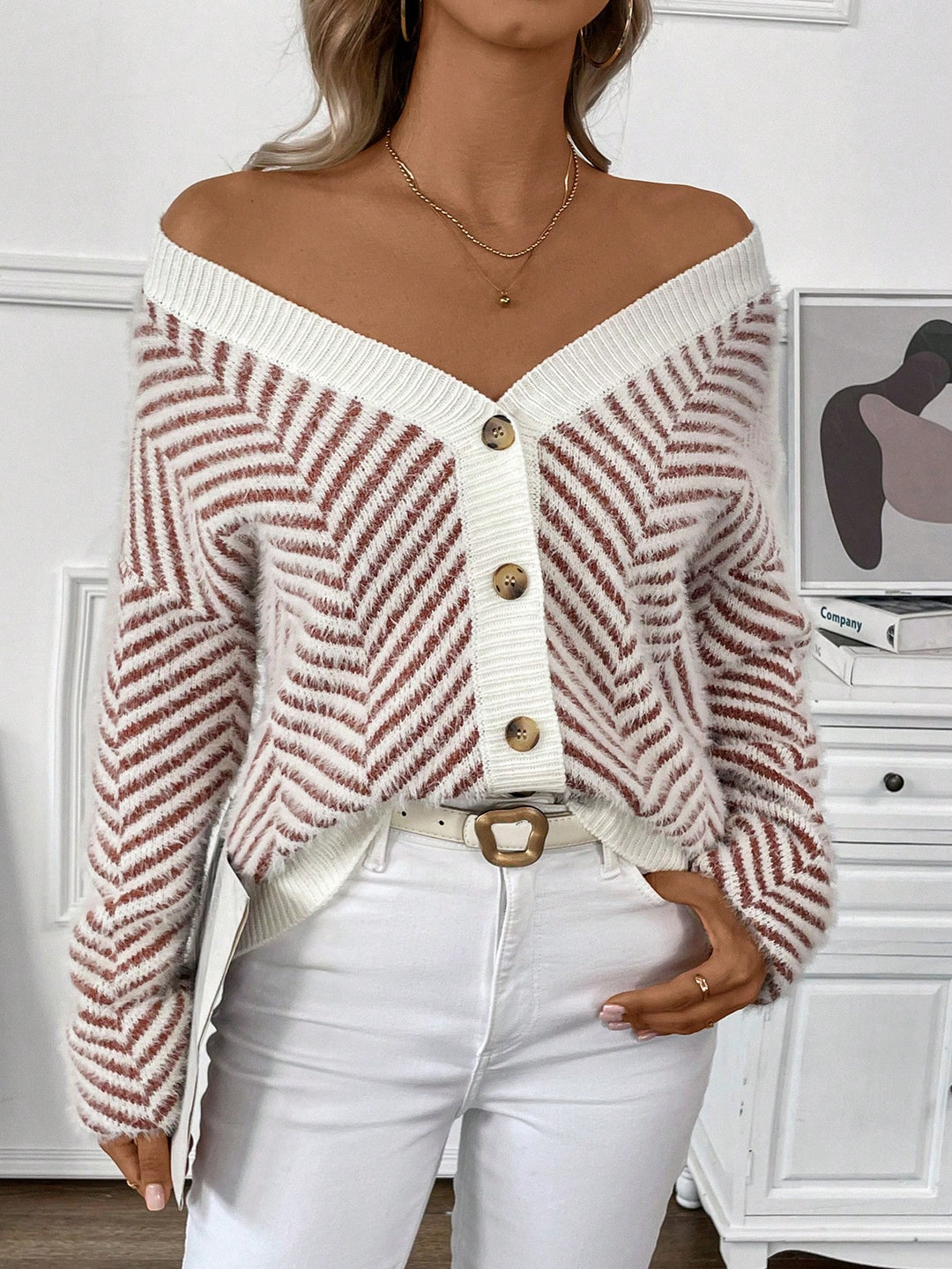 Striped Pattern Button Front Drop Shoulder Cardigan