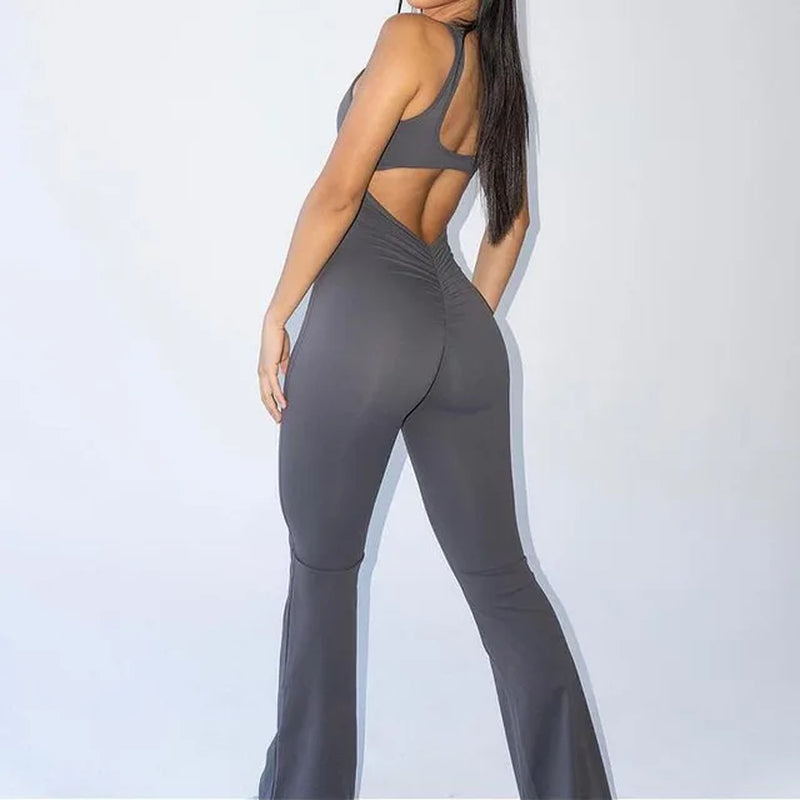 2024 S-XL Pad Women Gym Yoga Set Sports Rompers Deep V Back Fitness Workout Pant Flare Leggings One Piece Jumpsuit Active Wear